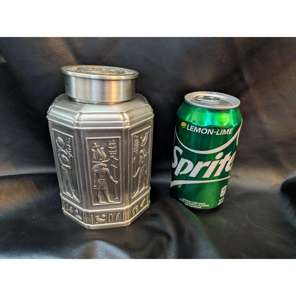 Vintage Egyptian Pharoh Ebros Sarcophagus Tea Box Canister Metal 6 Inch